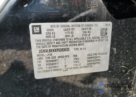 2015 Chevrolet Equinox Lt из США, поврежденный, VIN 2GNALBEKXF6383633